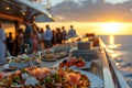 Sunset yacht party with elegant buffet setup