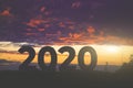 Sunset of 2019 year. digits 2020 against the sky. Goals, plans and tasks for the new year Royalty Free Stock Photo