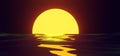 Sunset yellow sun reflection on water surface on background night sky. Tropical sea landscape with moon path in orange