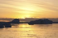 Sunset yellow winter night in the Antarctica.