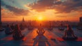 A sunset yoga session on a rooftop, combining physical fitness with spiritual connection