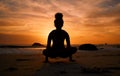 Sunset, yoga and silhouette of a woman on the beach in a lotus pose doing a meditation exercise by the sea. Peace, zen Royalty Free Stock Photo