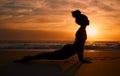 Sunset yoga, stretching and silhouette of a woman at the beach for mindfulness training at night. Meditation, zen and Royalty Free Stock Photo