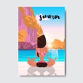 Sunset yoga woman doing exercises mountain landscape beach badge Design Label. Season Holidays lettering for logo