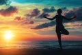 Sunset yoga woman on Ocean coast. Relax.