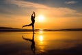 Sunset Yoga: Woman Practicing Yoga on a Serene Beach during the Golden Hour. Generative Ai