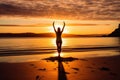 Sunset Yoga: Woman Practicing Yoga on a Serene Beach during the Golden Hour. Generative Ai