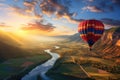 Sunsetlit Hot Air Balloon Floats Above Scenic Landscape With Natural Wonders
