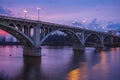 The sunsets behind the Lincoln Memorial Bridge spanning the Wabash River in Vincennes, Indiana Royalty Free Stock Photo