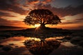 Sunsets gift Tree silhouette adorned by suns golden rays in twilights canvas