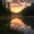 Sunsets golden hues cast magical glow over tranquil lake scene Royalty Free Stock Photo