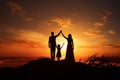 Sunsets warmth frames mother, daughters touching silhouette, symbolic bond
