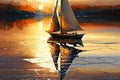 sunsetting sailboat on shimmering lake, with reflections of the sun dancing on the water Royalty Free Stock Photo