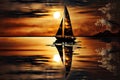 sunsetting sailboat on shimmering lake, with reflections of the sun dancing on the water Royalty Free Stock Photo
