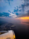 Sunsetview from airplanewindow Royalty Free Stock Photo