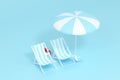 Sunshade, beach chair with blue background, 3d rendering