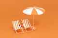 Sunshade, beach chair with orange background, 3d rendering