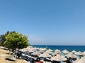 Sunshade umbrellas and deckchairs on the beautiful beach, Albania.