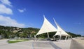 Sunshades sails at seaside Royalty Free Stock Photo