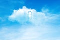 Lock icon symbol on white cloud in blue sky. Royalty Free Stock Photo