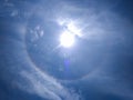 Sunshine clouds sky during morning background. Sky in a morning in Salinas Grandes, Argentina. Bright colors. Clouds and a rainbow Royalty Free Stock Photo