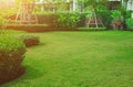 The sunshine in the evening shines through the trees down to the lawn of the front of the house beautifully, Green lawn, Front law