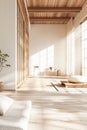 Tranquil Japanese Traditional Living Room With Tatami Floors and Shoji Doors in Morning Light