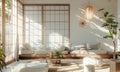 Tranquil Japanese Traditional Living Room With Tatami Floors and Shoji Doors in Morning Light