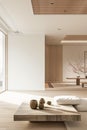 Tranquil Japanese Traditional Living Room With Tatami Floors and Shoji Doors in Morning Light