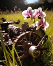 Sunshine glinting off the blades of grass contrasting with the orchid blooms that had taken refuge a the forgotten Royalty Free Stock Photo