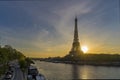 Sunshine Over Paris at Sunrise With Eiffel Tower Seine River and Traffic