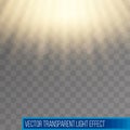 Sunshine rays. Yellow sun rays. Warm orange flare. Glaring effect with transparency. Abstract glowing light background. Vector Royalty Free Stock Photo