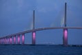 Sunshine Skyway Bridge in Tampa Bay Florida lit in pink lights to commemorate Breast Cancer Awareness Month Royalty Free Stock Photo