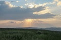 Sunshine At Sunrise Bright Dramatic Sky Above Agricultural Landscape With Flowering Blooming Oilseed Field. Spring Royalty Free Stock Photo