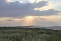 Sunshine At Sunrise Bright Dramatic Sky Above Agricultural Landscape With Flowering Blooming Oilseed Field. Spring Royalty Free Stock Photo