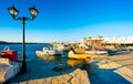 Sunshine view of turquoise bay with colorful yachts of greek island Paros Royalty Free Stock Photo