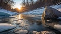 Sunshine warming rocks in river bend as ice thins beneath shallow surface Royalty Free Stock Photo
