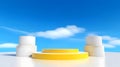 Sunshine yellow winner podium stage with cloud and skies background, abstract geometric