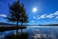 Sunstar blue sky and clouds at the lake