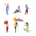 Sunstroke people. Outdoor summer characters tired with hot body temperature sunlight sweaty weather garish vector Royalty Free Stock Photo