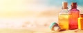 Suntan oil on sand beach at sunset. Sun protection cosmetic product in glass bottles. Summer holiday or vacation background. Royalty Free Stock Photo