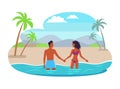 Suntanned Couples Hold Hands and Stand in Sea