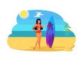 Suntanned Girl Red Swimsuit with Surfboard Woman