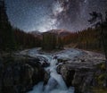 Sunwapta Falls with Milky way in autumn at Icefields Parkway, Jasper national park Royalty Free Stock Photo