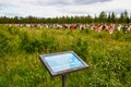 SUOMUSSALMI, FINLAND - JULY 24, 2019: A sign near the field with the group of objects in people clothes which looks like crowd in