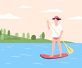 Sup board driving. Summer sea lake or river activity. Man with paddle training on water board. Sport and wild recreation