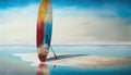 Sup board, paddle board on beach, fine art. AI generated.