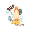 Sup board and paddles on the beach. Sup lessons text. Summer water sport isolated graphic element in vector Royalty Free Stock Photo