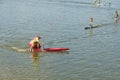 SUP-board race on water, the participant turns.