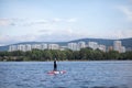 SUP board Stand up paddle board woman paddle boarding on lake Royalty Free Stock Photo